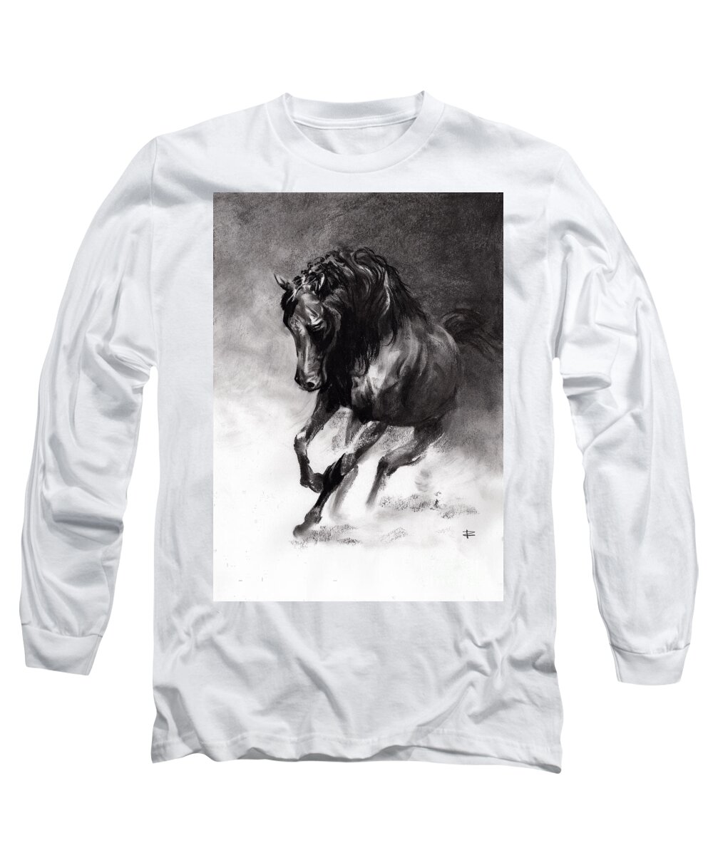 Charcoal Long Sleeve T-Shirt featuring the drawing Equine by Paul Davenport