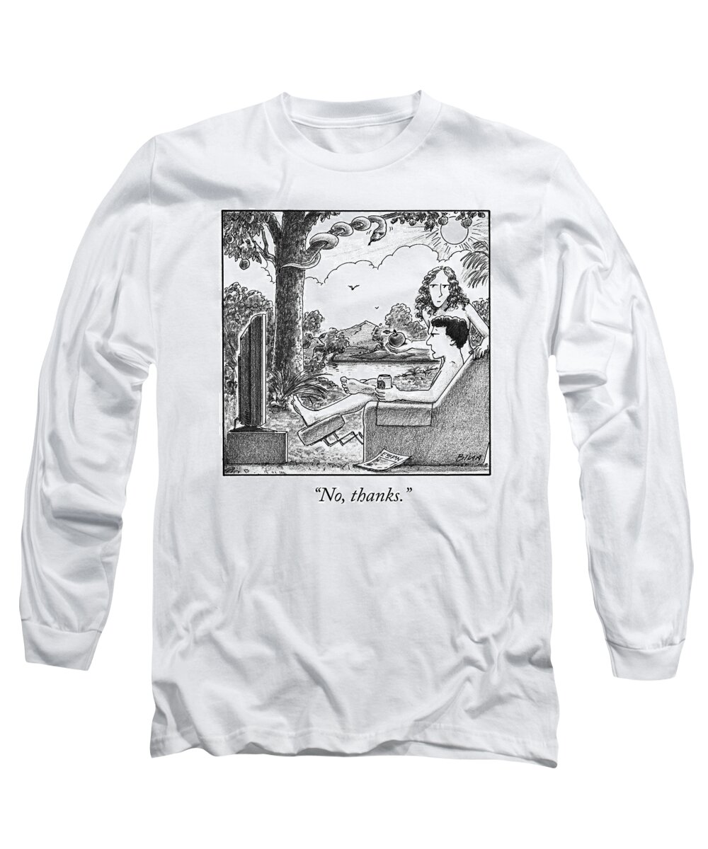 Ino Thanks.i Adam And Eve Long Sleeve T-Shirt featuring the drawing Eve Offers Adam An Apple by Harry Bliss
