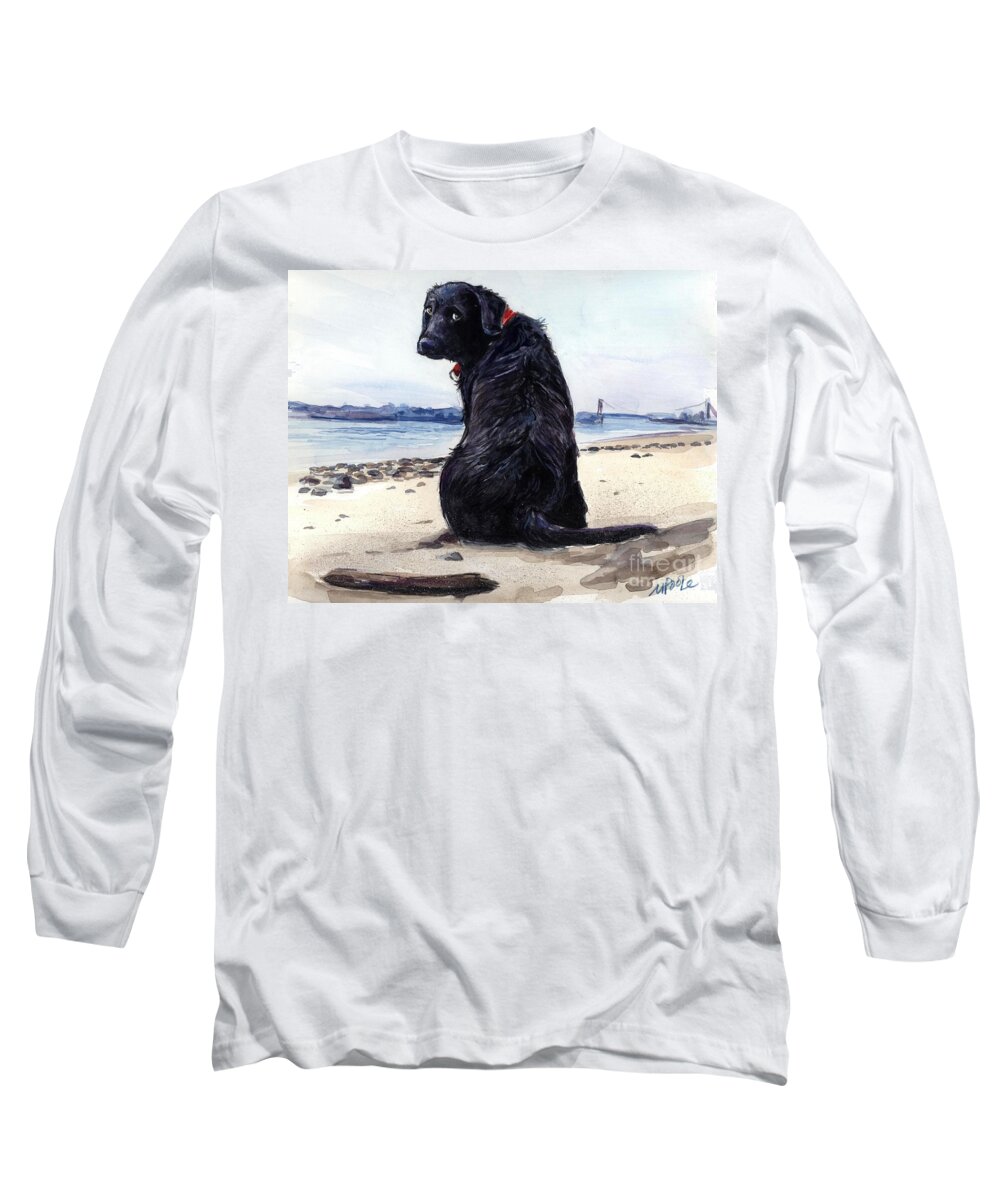 Black Labrador Long Sleeve T-Shirt featuring the painting Fetching by Molly Poole