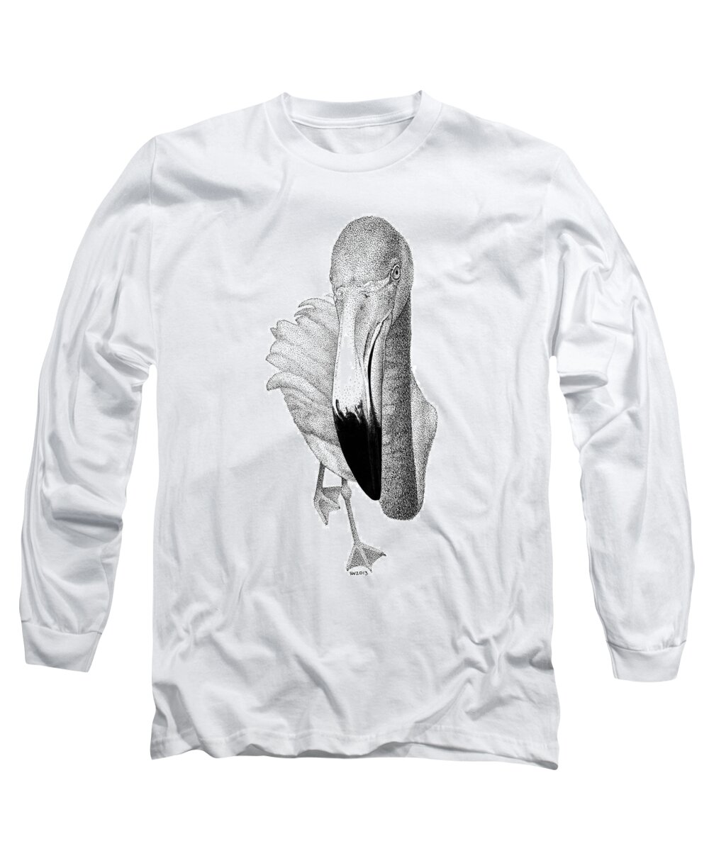 Flamingo Long Sleeve T-Shirt featuring the drawing Flamingo by Scott Woyak
