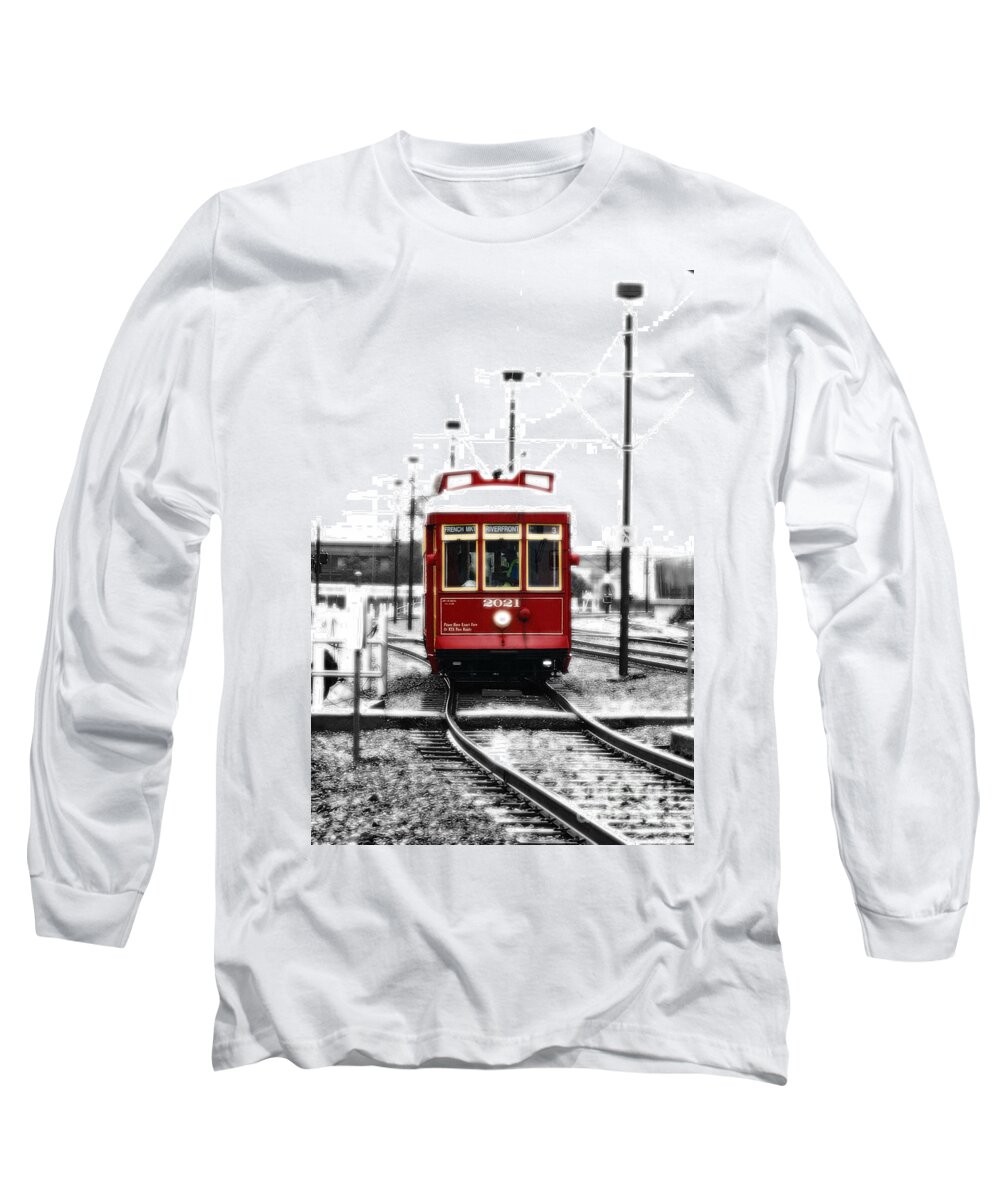 Travelpixpro New Orleans Long Sleeve T-Shirt featuring the photograph French Quarter French Market Street Car New Orleans Color Splash Black and White with Diffuse Glow by Shawn O'Brien