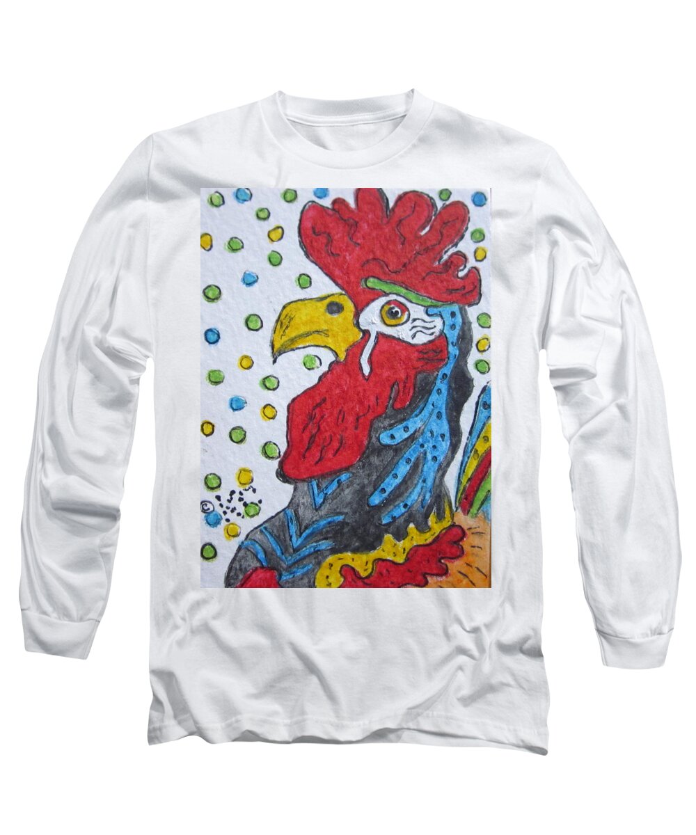 Funky Long Sleeve T-Shirt featuring the painting Funky Cartoon Rooster by Kathy Marrs Chandler