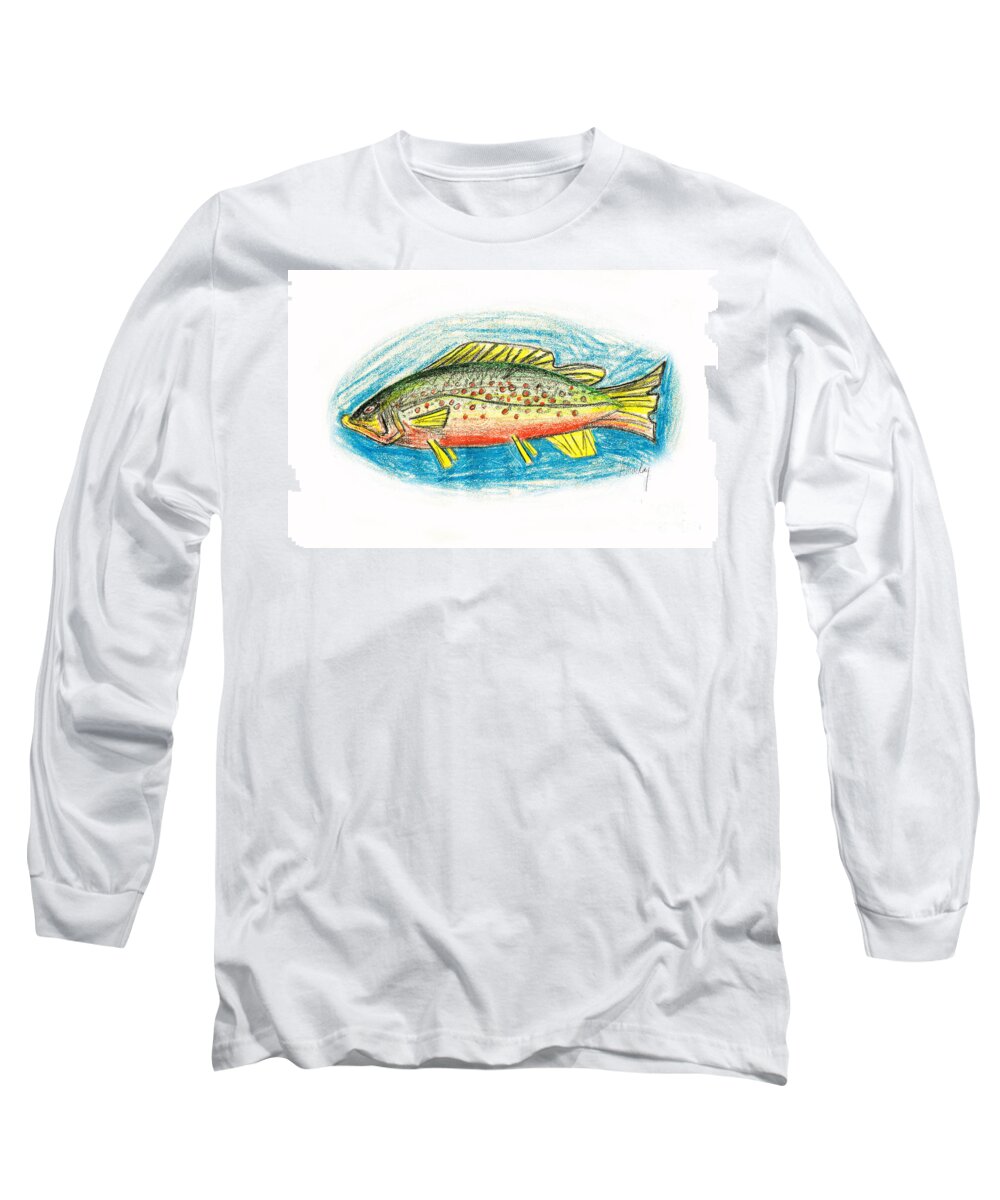 Trout Long Sleeve T-Shirt featuring the mixed media Funky Trout by Art MacKay
