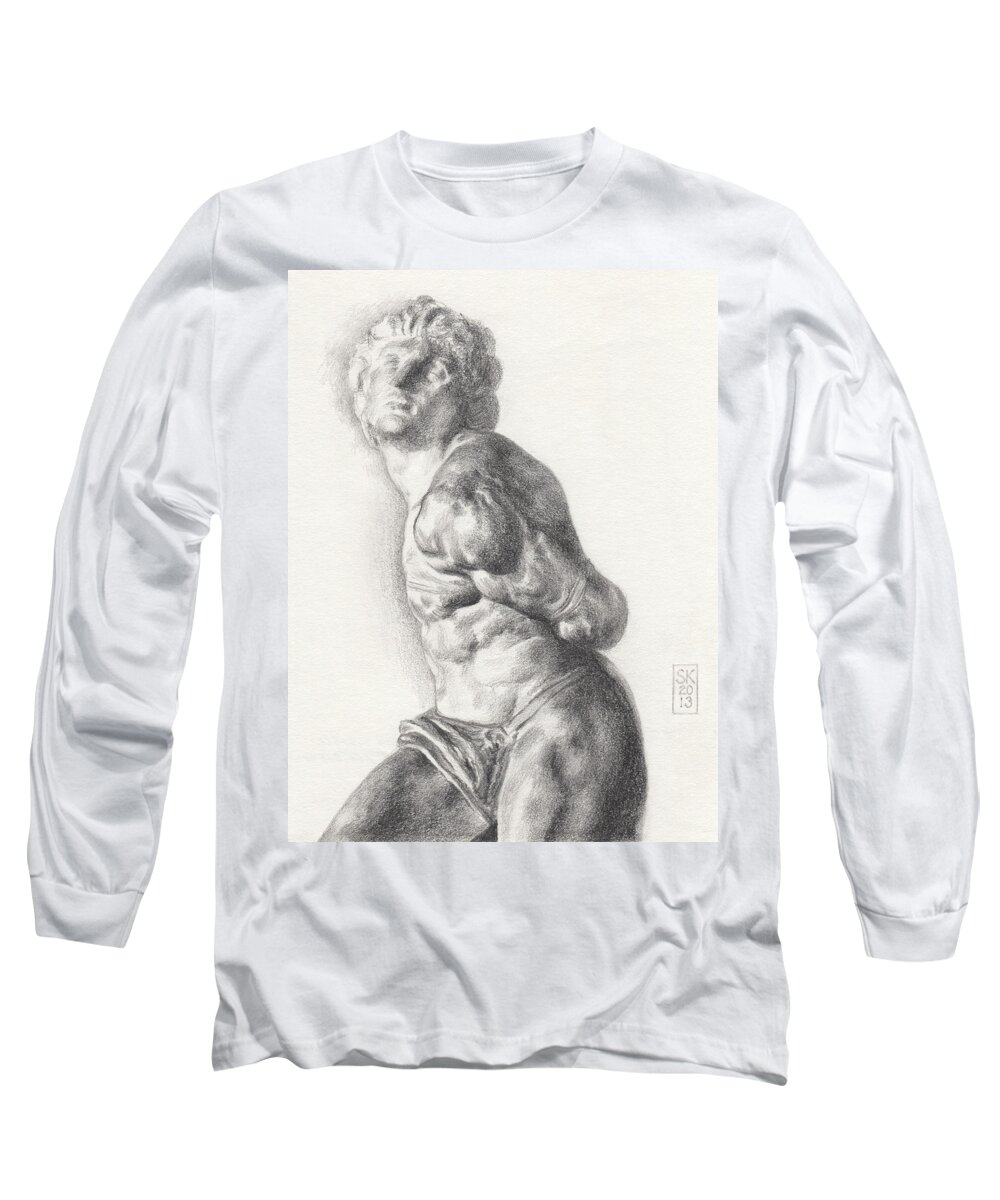 Male Long Sleeve T-Shirt featuring the drawing Graphite Drawing of The Rebellious Slave Sculpture by Michelangelo Buonarotti by Scott Kirkman
