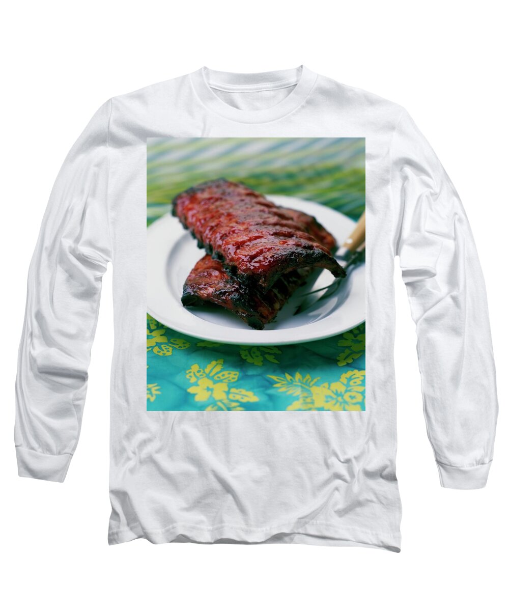 Cooking Long Sleeve T-Shirt featuring the photograph Grilled Ribs On A White Plate by Romulo Yanes