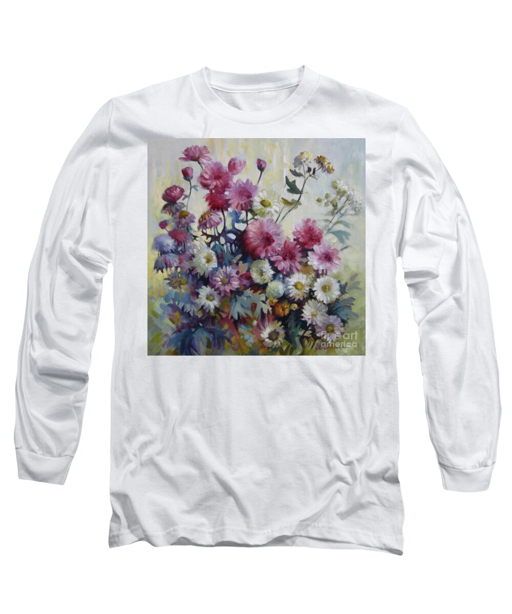Chrisanthemums Long Sleeve T-Shirt featuring the painting Harmonies of autumn by Elena Oleniuc