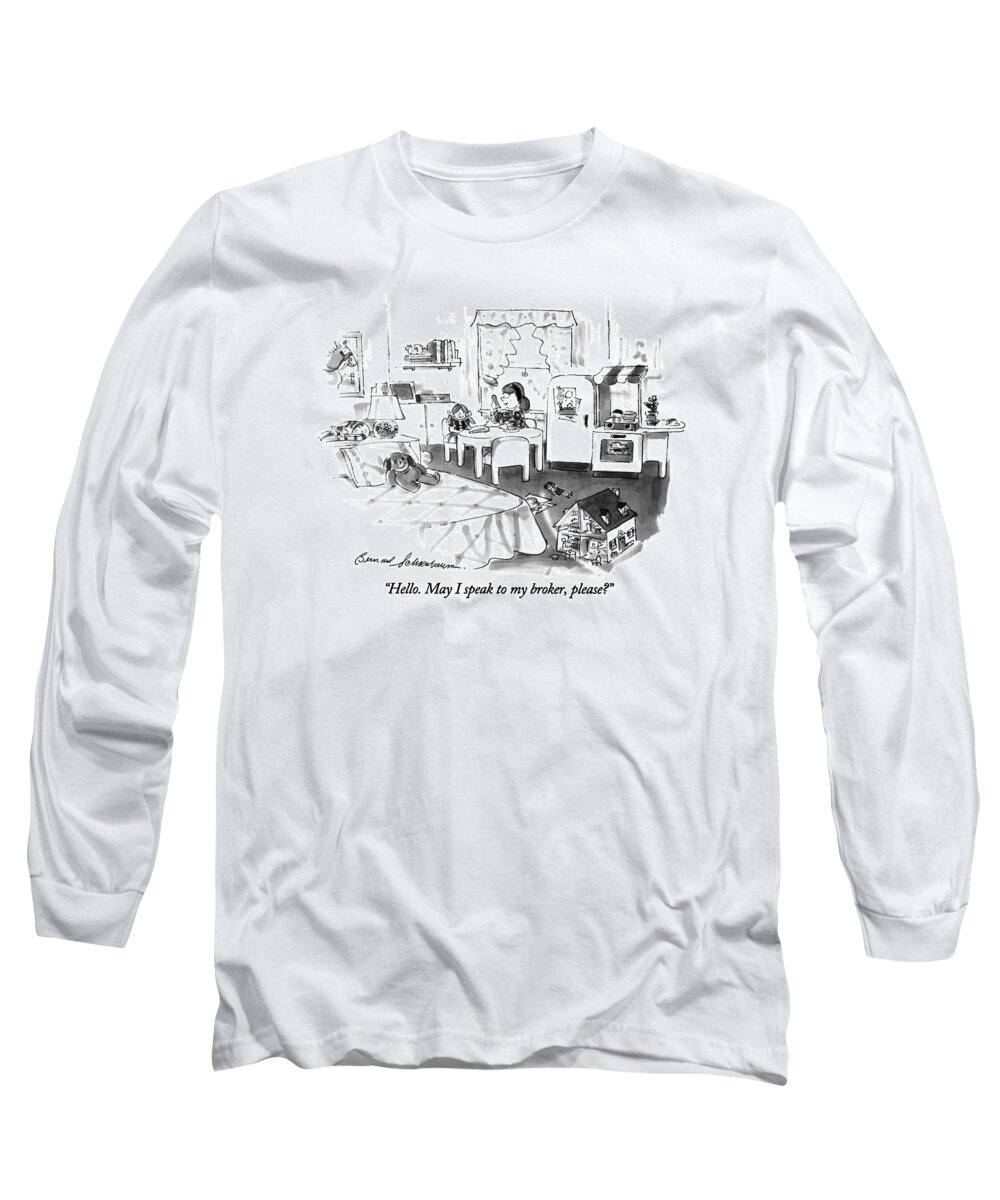 

 Little Girl On Play Phone As She Sits With Dolls At Play Furniture In Her Bedroom. Children Long Sleeve T-Shirt featuring the drawing Hello. May I Speak To My Broker by Bernard Schoenbaum