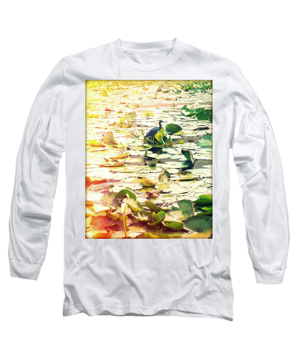 Florida Long Sleeve T-Shirt featuring the photograph Heron Among Lillies Photography Light Leaks by Chris Andruskiewicz