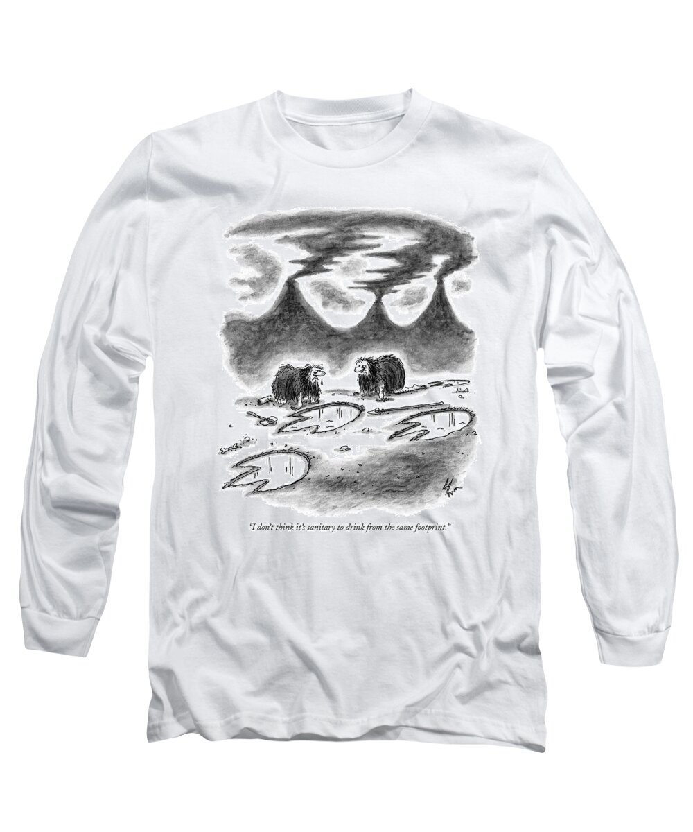 Cavemen Long Sleeve T-Shirt featuring the drawing I Don't Think It's Sanitary To Drink by Frank Cotham