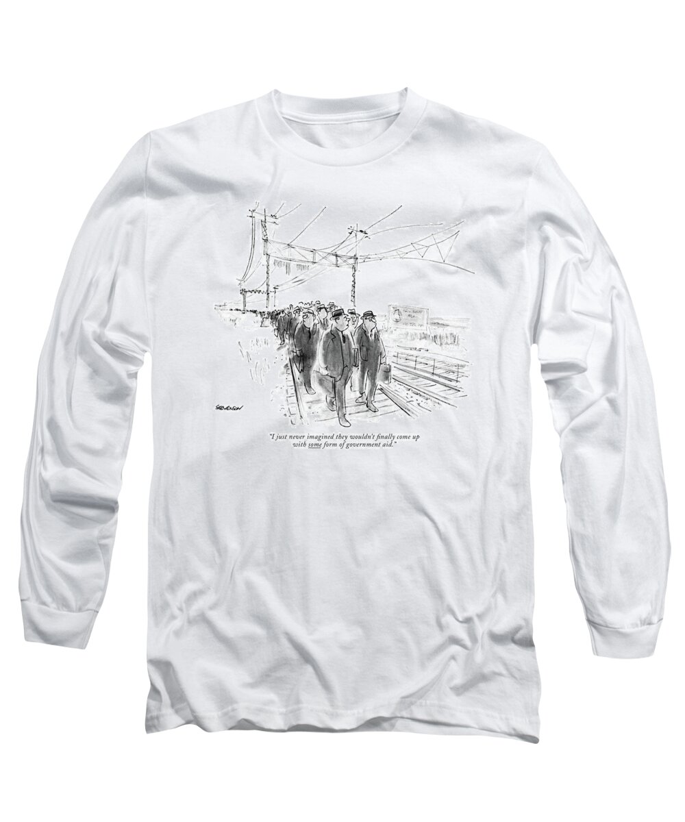 82239 Jst James Stevenson (one Commuter To Another As They And A Throng Of Others Walk Along The Railroad Tracks Long Sleeve T-Shirt featuring the drawing I Just Never Imagined They Wouldn't ?nally Come by James Stevenson
