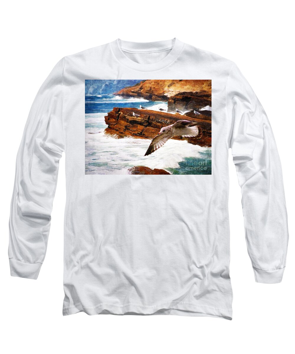 Ocean Long Sleeve T-Shirt featuring the digital art I Stand Amid the Breakers by Lianne Schneider