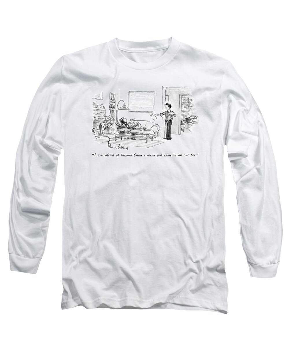 Technology Long Sleeve T-Shirt featuring the drawing I Was Afraid Of This - A Chinese Menu Just Came by Mort Gerberg