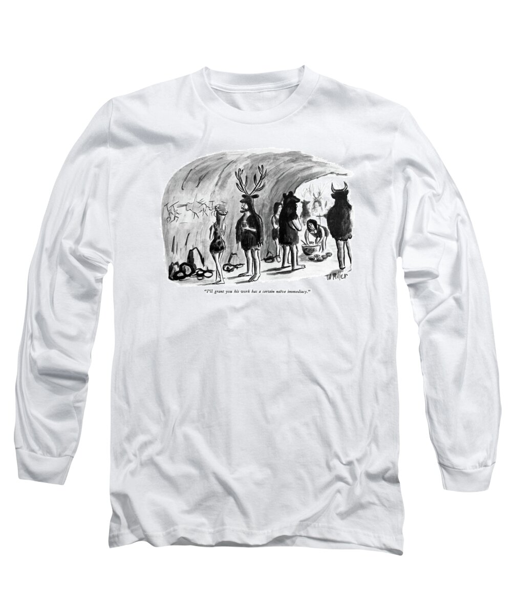 83032 Wmi Warren Miller (caveman To Cave Woman As They View Cave Paintings Long Sleeve T-Shirt featuring the drawing I'll Grant You His Work Has A Certain Naive by Warren Miller