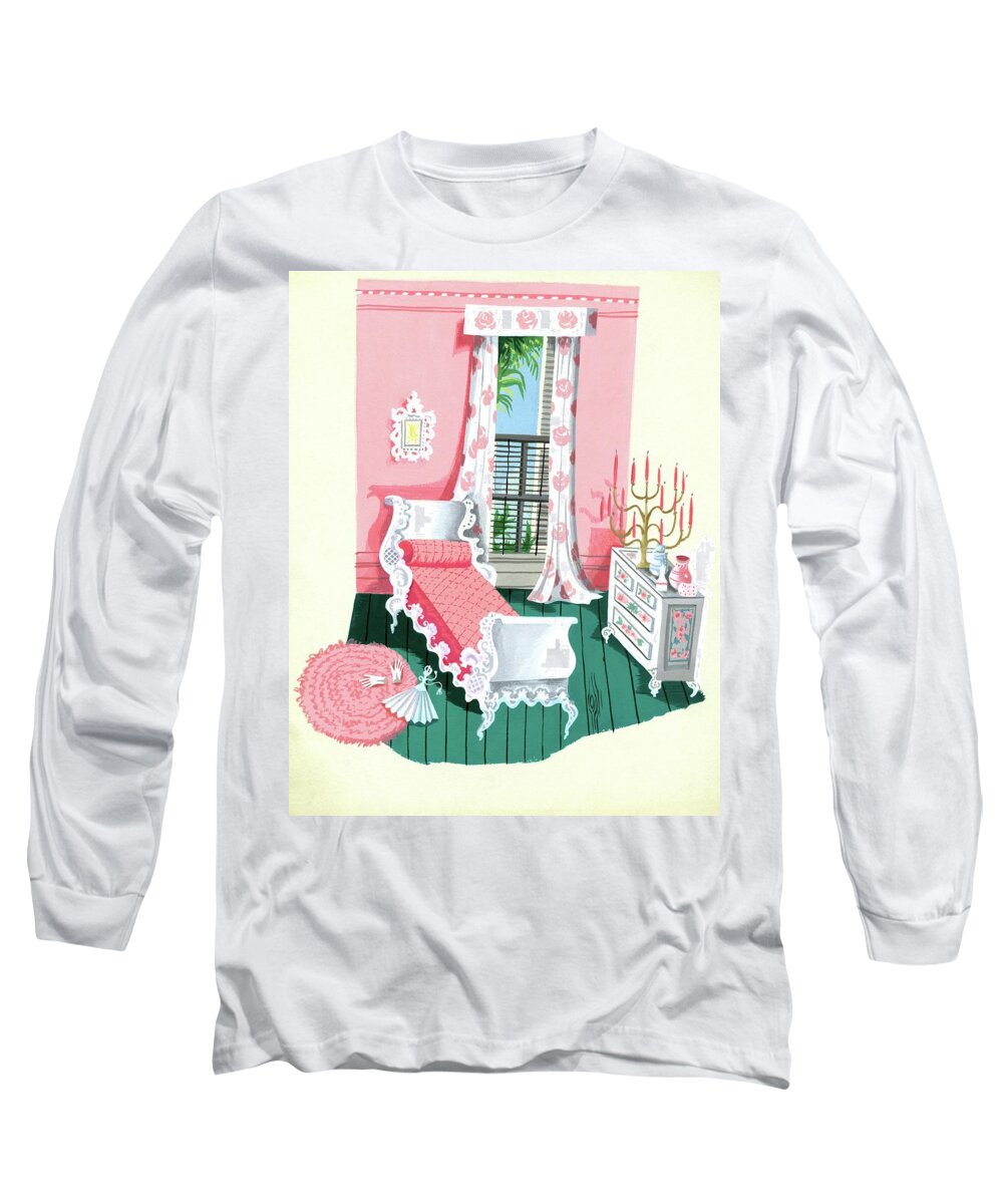 Bedroom Long Sleeve T-Shirt featuring the digital art Illustration Of A Victorian Style Pink And Green by Edna Eicke
