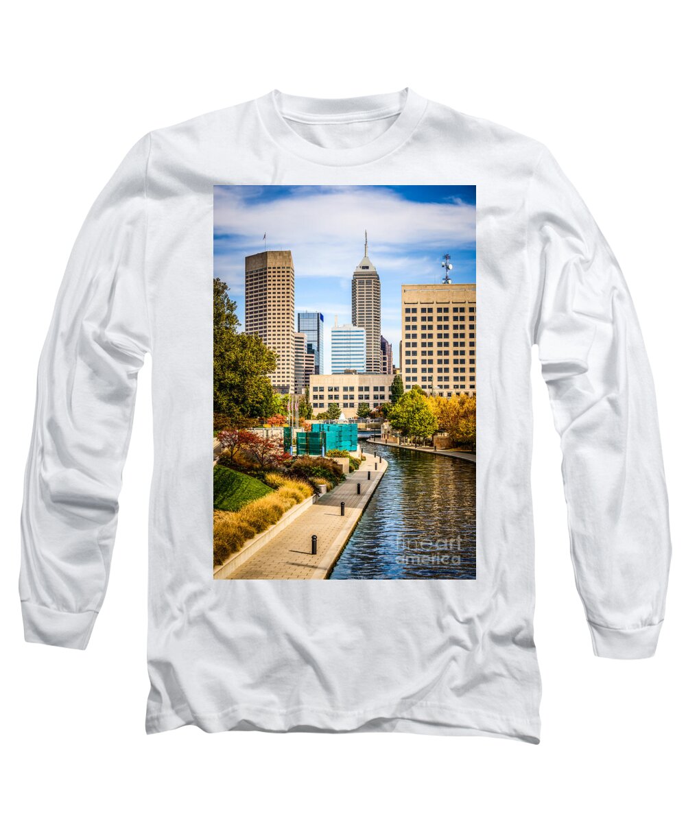 America Long Sleeve T-Shirt featuring the photograph Indianapolis Skyline Picture of Canal Walk in Autumn by Paul Velgos