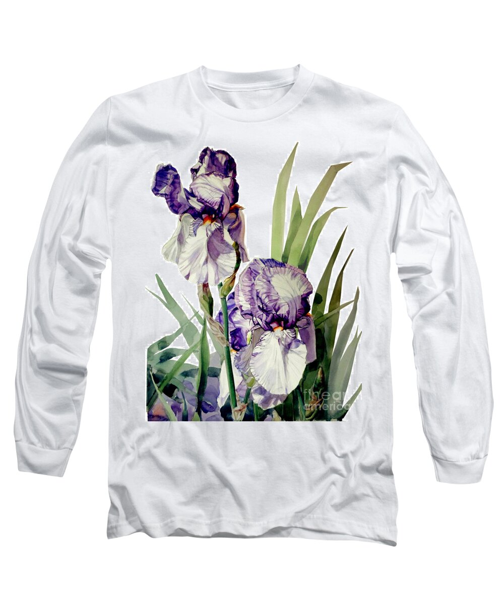 Watercolor Long Sleeve T-Shirt featuring the painting Watercolor of a Tall Bearded Iris in Violet and White by Greta Corens