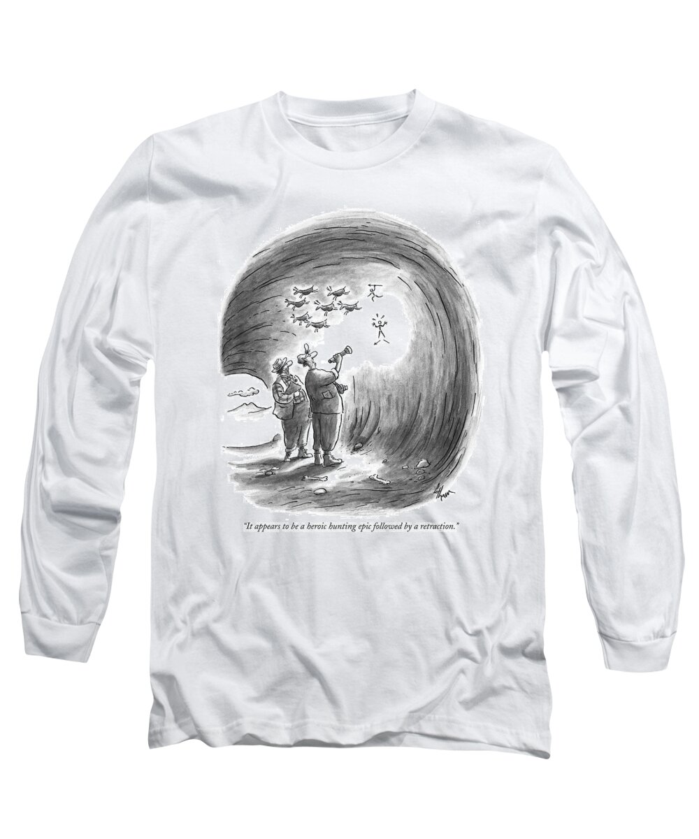 Stone Age Long Sleeve T-Shirt featuring the drawing It Appears To Be A Heroic Hunting Epic Followed by Frank Cotham