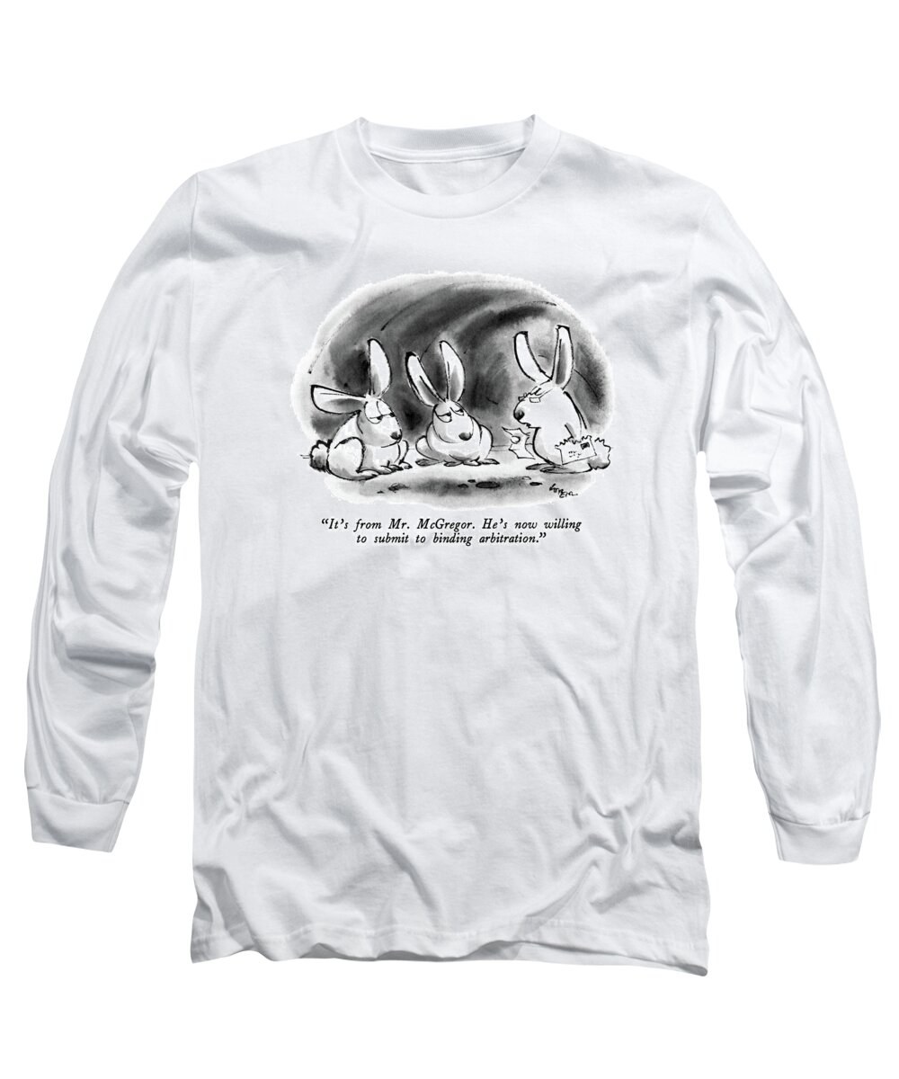 

 One Rabbit To Two Others Long Sleeve T-Shirt featuring the drawing It's From Mr. Mcgregor. He's Now Willing by Lee Lorenz