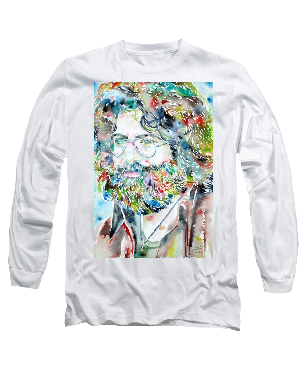 Jerry Long Sleeve T-Shirt featuring the painting JERRY GARCIA watercolor portrait.2 by Fabrizio Cassetta
