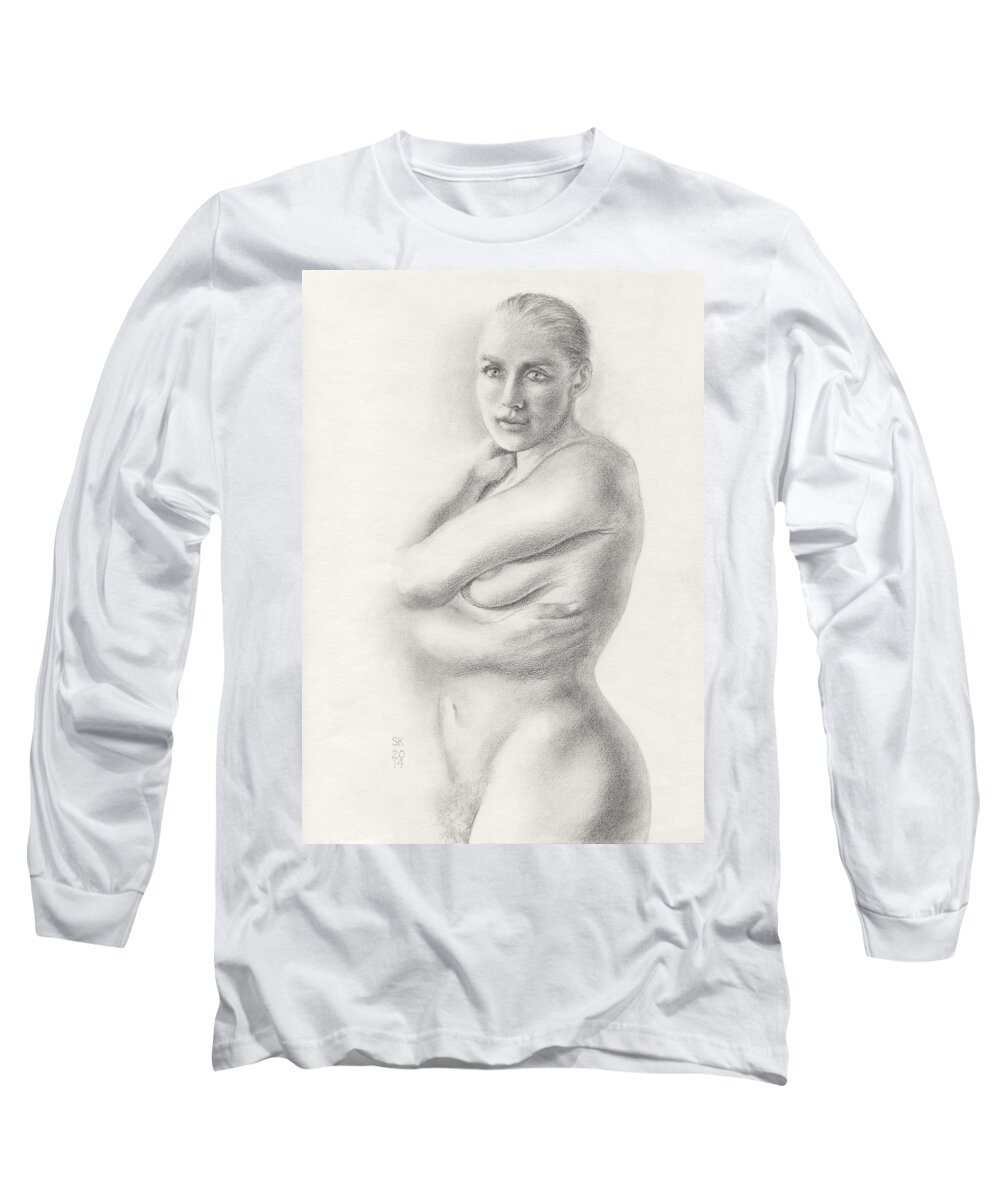 Female Nude Long Sleeve T-Shirt featuring the drawing Kari Newly Pregnant Daydreaming by Scott Kirkman