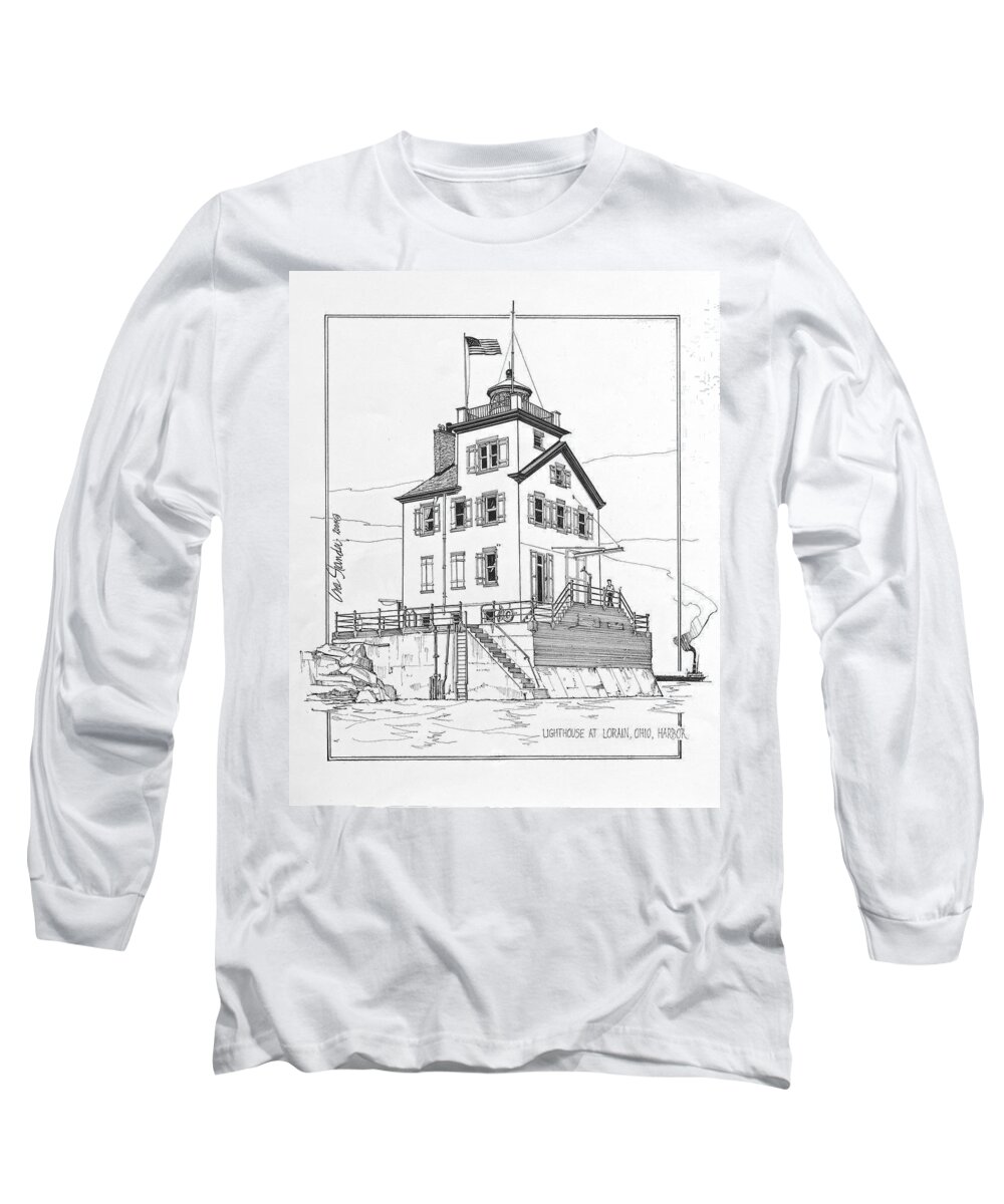 United States Lighthouses Long Sleeve T-Shirt featuring the drawing Lighthouse At Lorain Ohio Harbor by Ira Shander