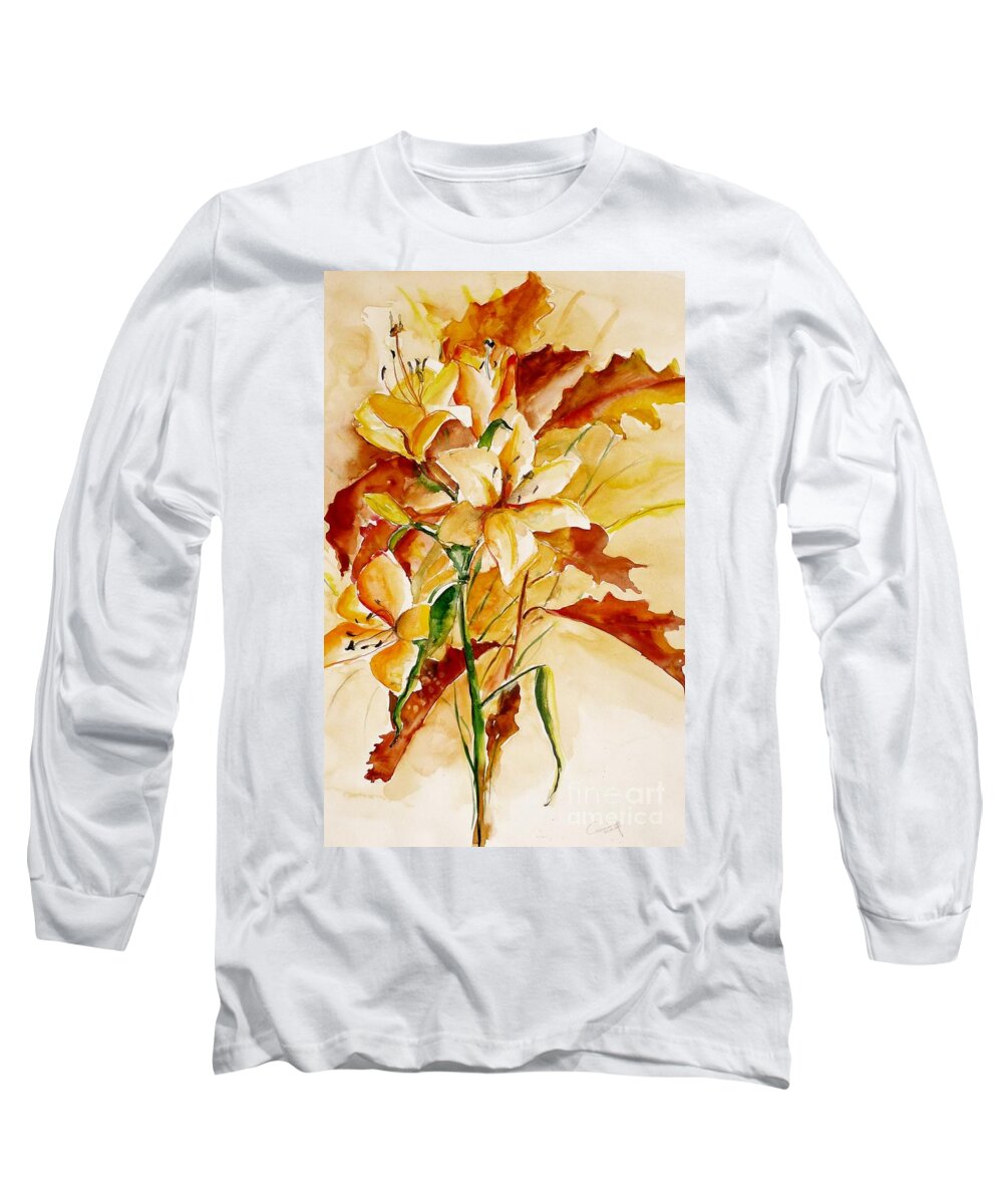 Watercolor Long Sleeve T-Shirt featuring the painting Lilies by Karina Plachetka