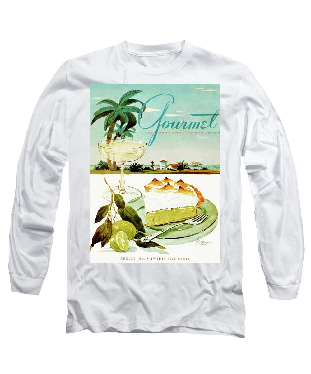 Foodillustrationcovermagazineillustration19th Centurynineteenth Centurygourmetnobodychampagne Flutechampagnedrinkalcoholalcoholic Beveragelime Meringue Pieplatetablewareforkcutleryisland Scene #condenastgourmetcover August 1st 1944 Long Sleeve T-Shirt featuring the photograph Lime Meringue Pie With Champagne by Henry Stahlhut