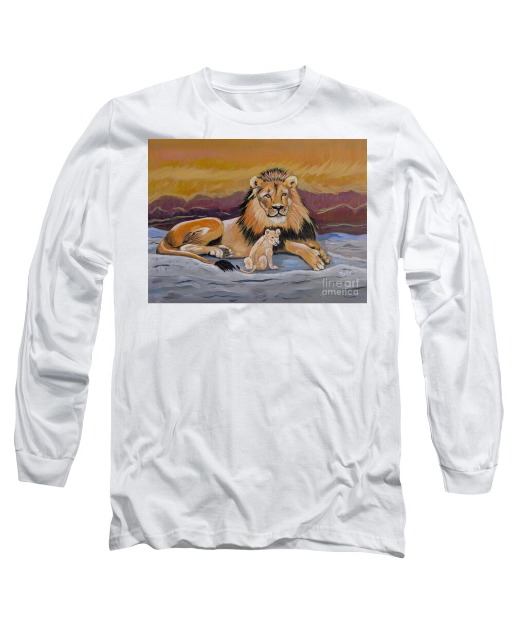 Lion And Cub On Rock Long Sleeve T-Shirt featuring the painting Lion and Cub by Phyllis Kaltenbach