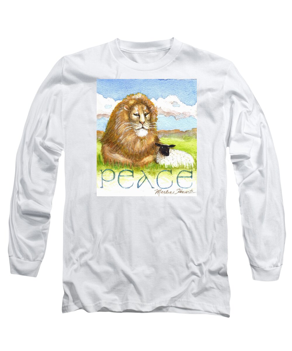 Lion And Lamb Long Sleeve T-Shirt featuring the painting Lion and Lamb - Peace by Marlene Schwartz Massey