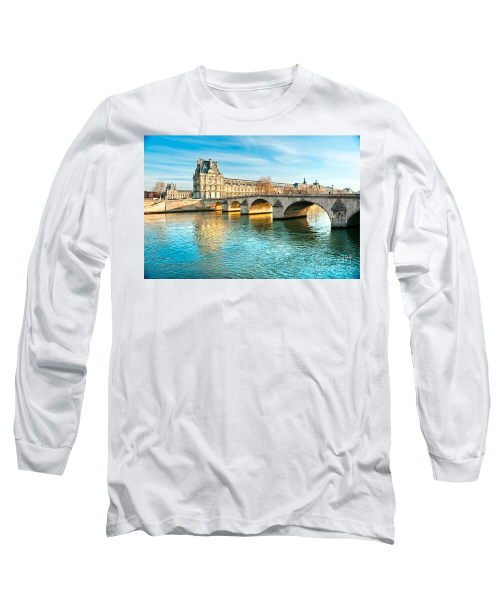 Anniversary Long Sleeve T-Shirt featuring the photograph Louvre Museum and Pont Royal - Paris by Luciano Mortula