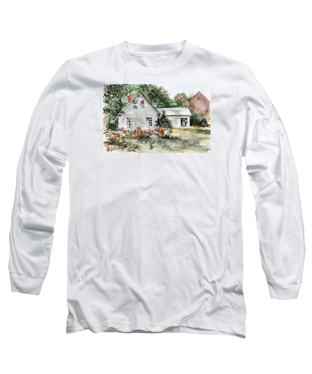 A Front Lawn Filled With Summer Flowers Decorate This Beautiful Home In Maine. Long Sleeve T-Shirt featuring the painting Maine Sunshine by Monte Toon