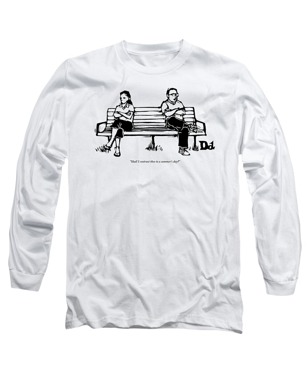 Fights Long Sleeve T-Shirt featuring the drawing Man And Woman Sit On Bench Opposite One Another by Drew Dernavich