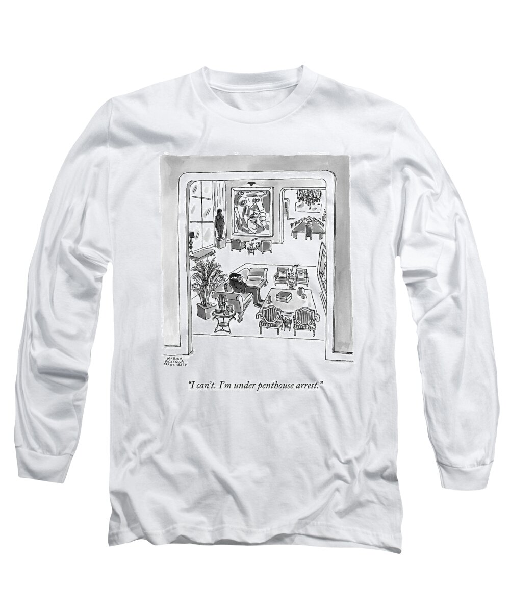 House Arrest Long Sleeve T-Shirt featuring the drawing Man Sits On A Couch In An Expensive Living Room by Marisa Acocella Marchetto