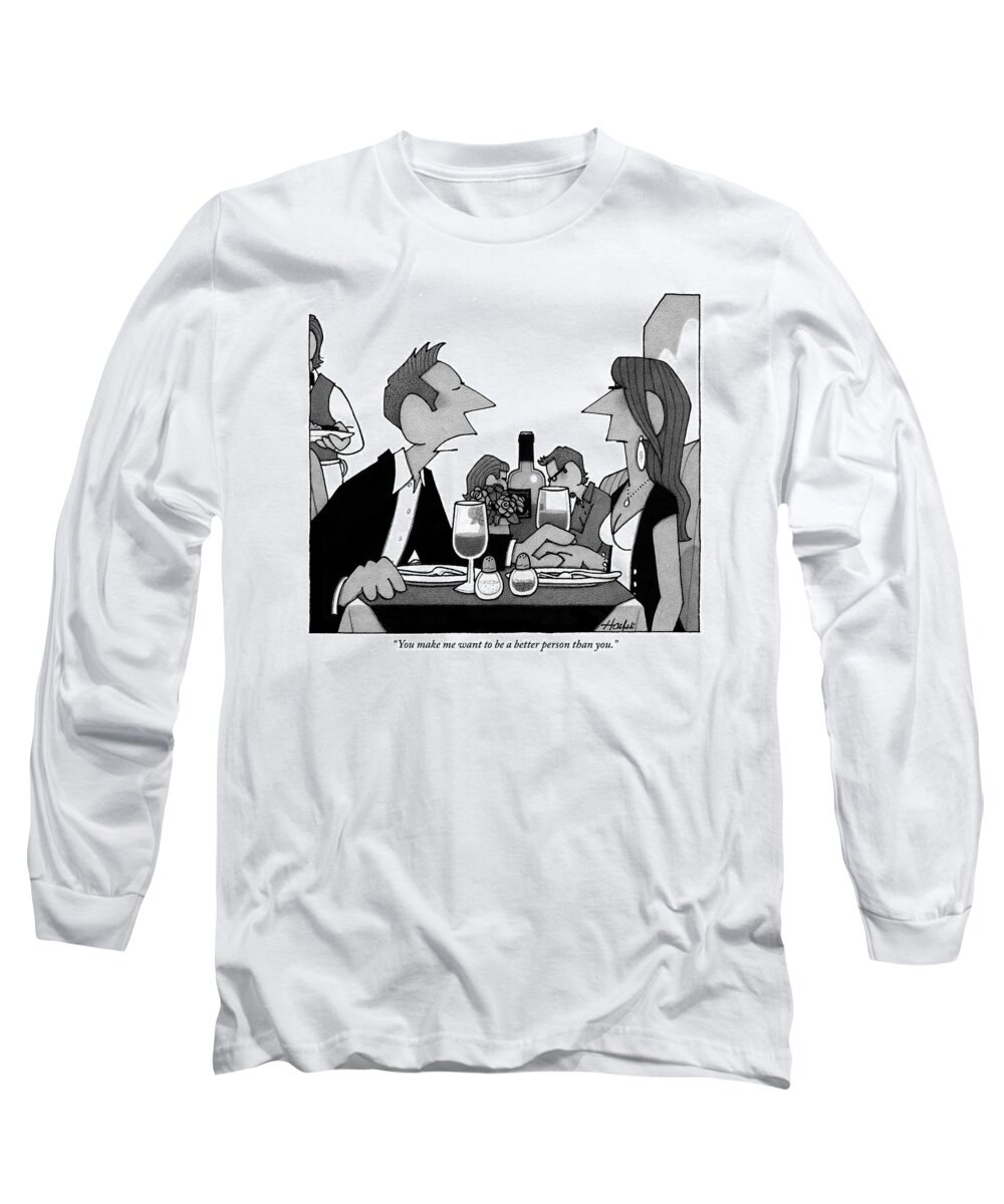 Better Person Long Sleeve T-Shirt featuring the drawing Man Speaks To A Woman He's On A Date With by William Haefeli