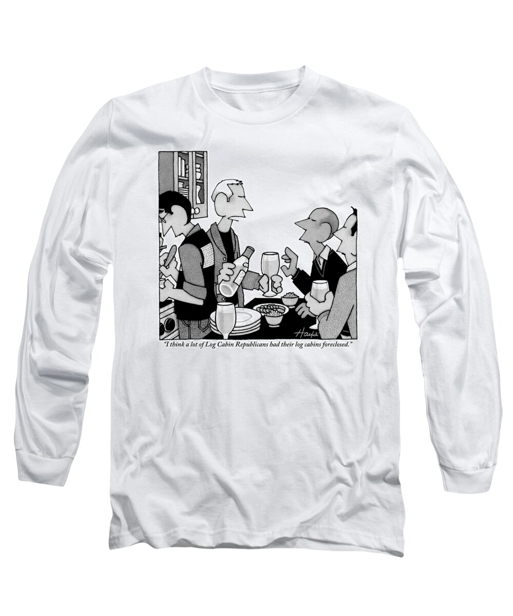 Log Cabin Long Sleeve T-Shirt featuring the drawing Man Speaks To Couple Over Kitchen Counter by William Haefeli