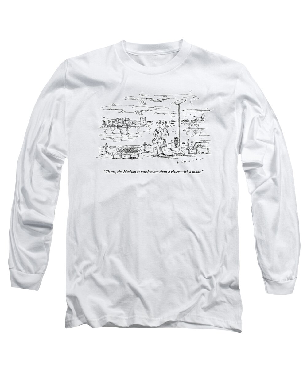 Hudson Long Sleeve T-Shirt featuring the drawing Man Speaks To Woman As They Look by Barbara Smaller