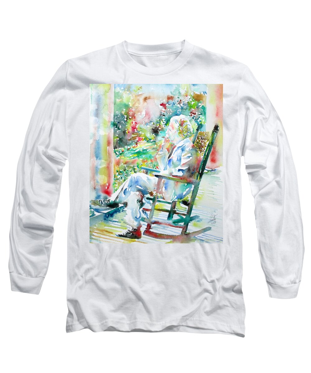 Mark Long Sleeve T-Shirt featuring the painting MARK TWAIN sitting and smoking a CIGAR - watercolor portrait by Fabrizio Cassetta
