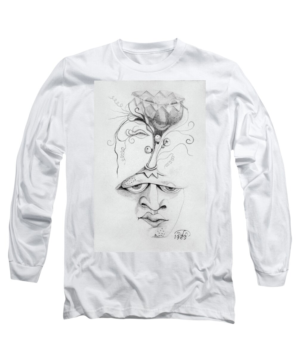 Meditation Long Sleeve T-Shirt featuring the drawing Meditation on the crown chakra or where is your mind going surrealistic fantasy of face with energy by Rachel Hershkovitz