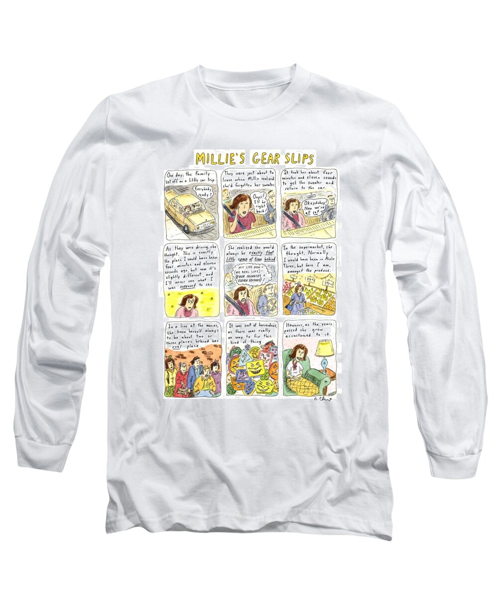 Auto Long Sleeve T-Shirt featuring the drawing Millie's Gear Slips by Roz Chast