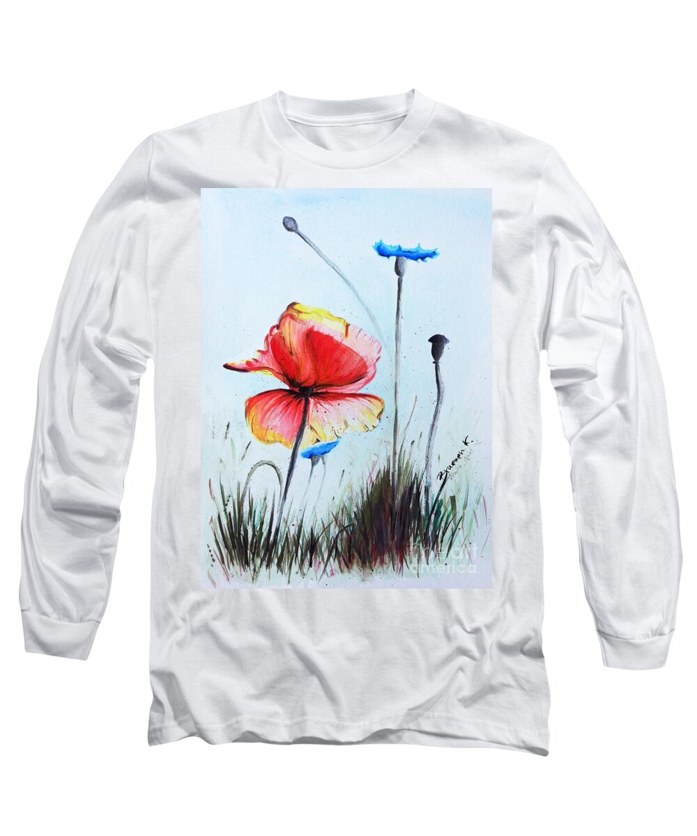 Mohnwiese Long Sleeve T-Shirt featuring the painting Mohnwiese by Katharina Bruenen