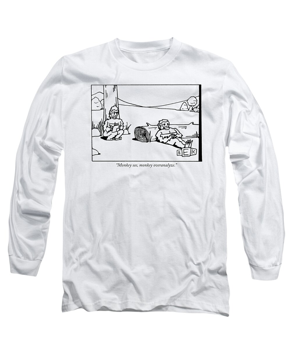 (monkey Therapist Taking Notes To Another Leaning Against Log.)psychology Long Sleeve T-Shirt featuring the drawing Monkey See, Monkey Overanalyze by Bruce Eric Kaplan