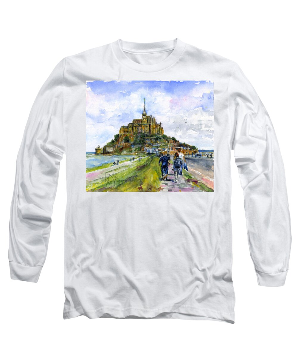 France Long Sleeve T-Shirt featuring the painting Mont Saint Michel France by John D Benson