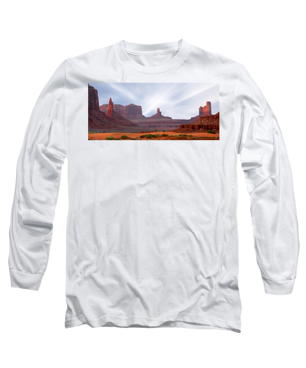 Desert Long Sleeve T-Shirt featuring the photograph Monument Valley at Sunset Panoramic by Mike McGlothlen