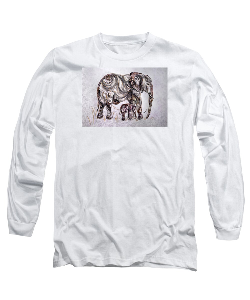 Elephant Long Sleeve T-Shirt featuring the painting Mother Elephant by Harsh Malik
