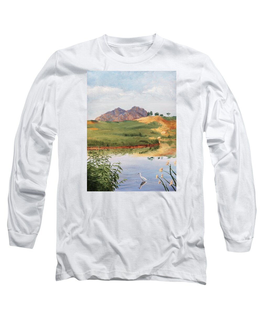 Animals Long Sleeve T-Shirt featuring the painting Mountain Landscape with Egret by Masha Batkova