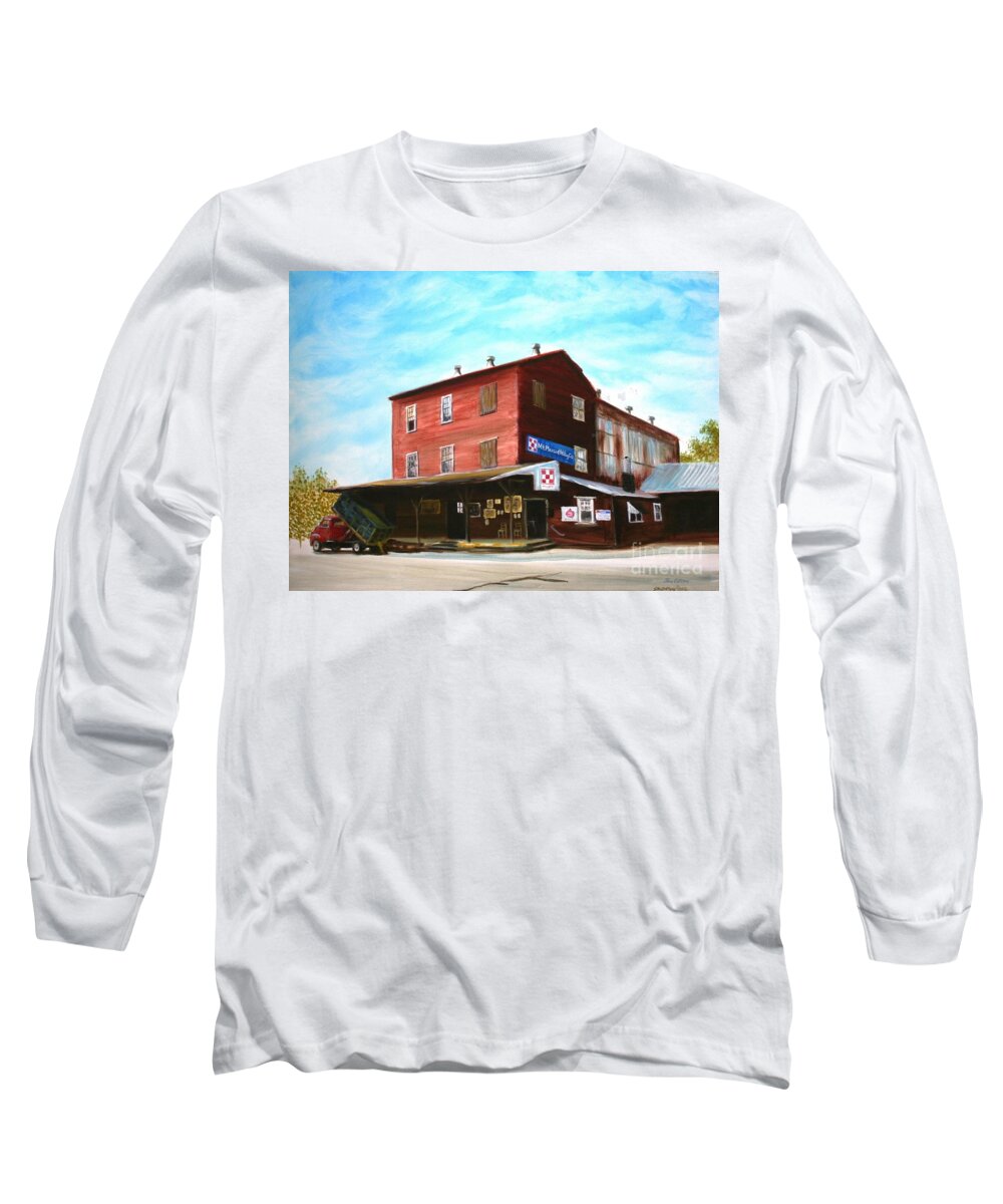 Architecture Long Sleeve T-Shirt featuring the painting Mt. Pleasant Milling Company by Stacy C Bottoms