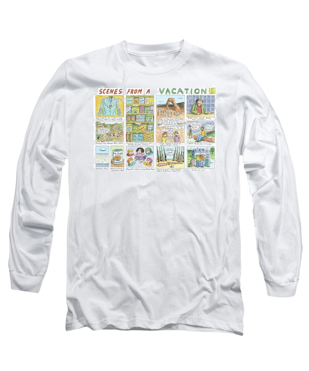 Vacation Long Sleeve T-Shirt featuring the drawing Multiple Panels Show Scenes From A Vacation by Roz Chast