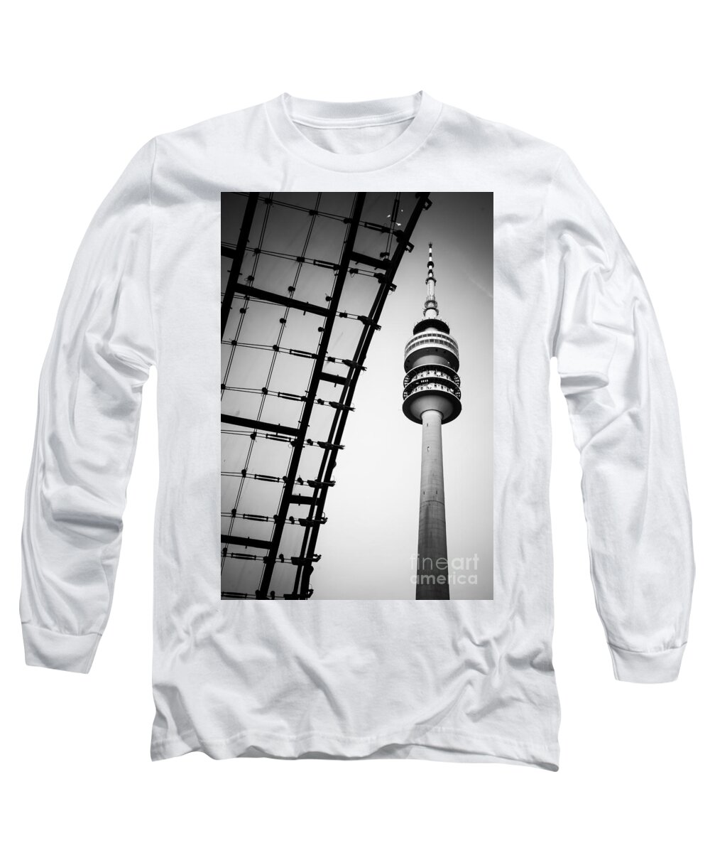 Architecture Long Sleeve T-Shirt featuring the photograph Munich - Olympiaturm And The Roof - Bw by Hannes Cmarits