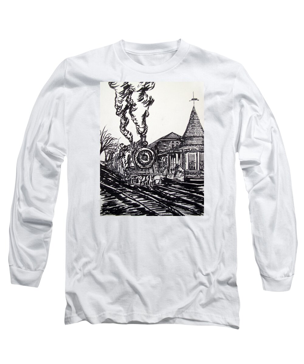 Ink Long Sleeve T-Shirt featuring the drawing New Hope Train Station Sketch by Loretta Luglio