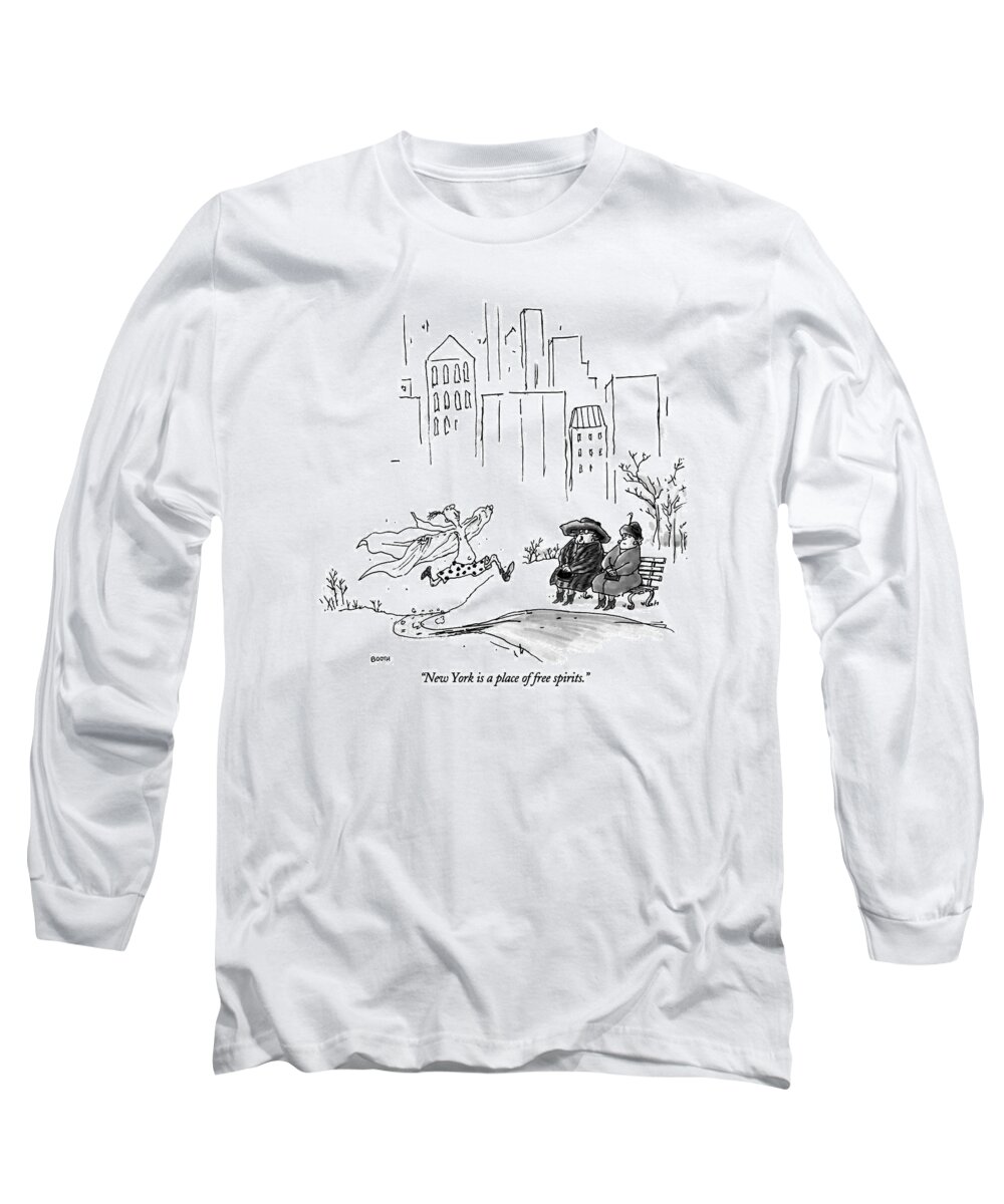 

(elderly Woman To Another Sitting On A Park Bench In Central Park Long Sleeve T-Shirt featuring the drawing New York Is A Place Of Free Spirits by George Booth